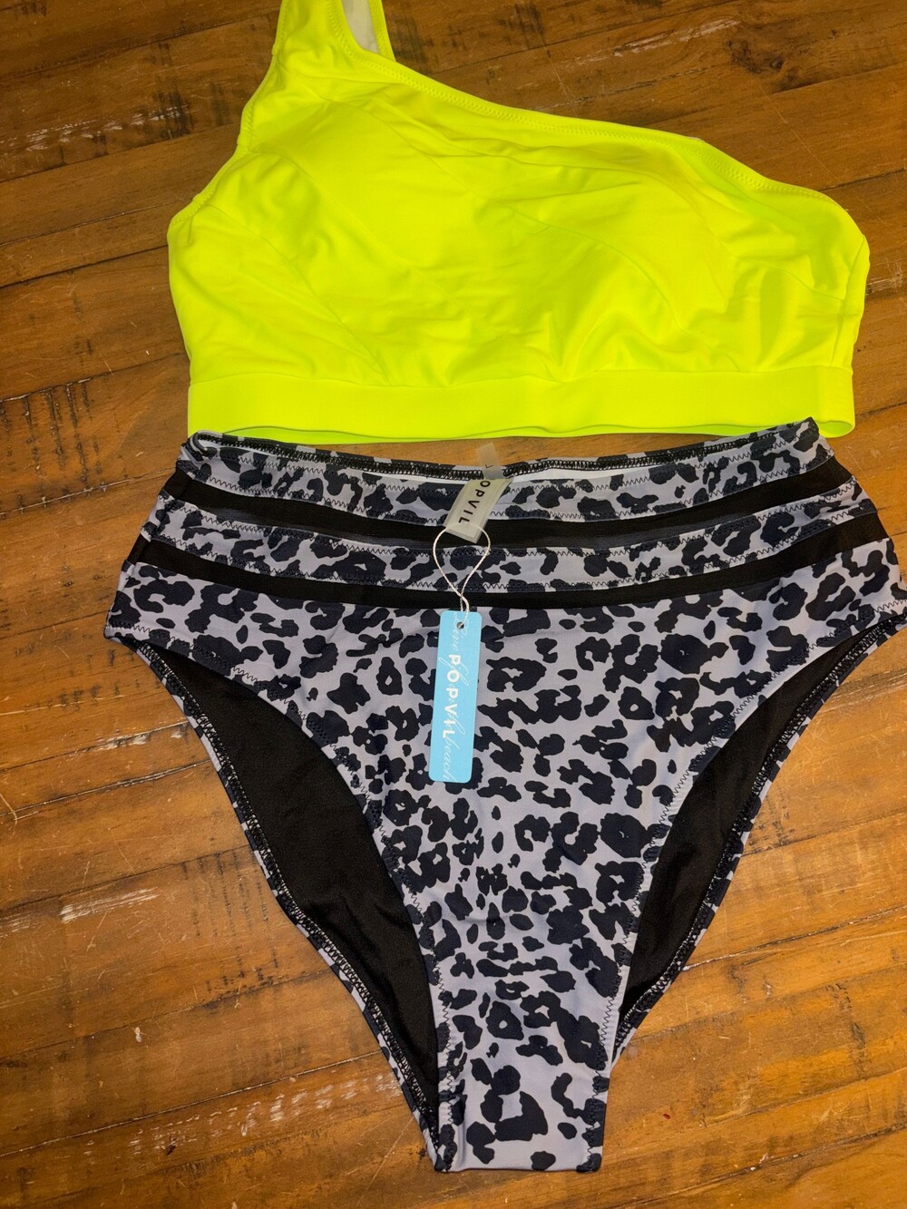 Popvil Size Large Neon Yellow One Shoulder Bikini Leopard Print Bottoms